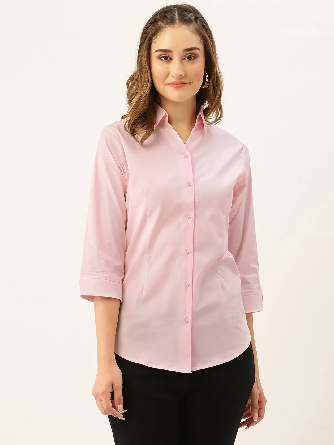 Zola Pink Cotton Shirt Collar 3/4th Sleeves Formal Wear Shirt For Women