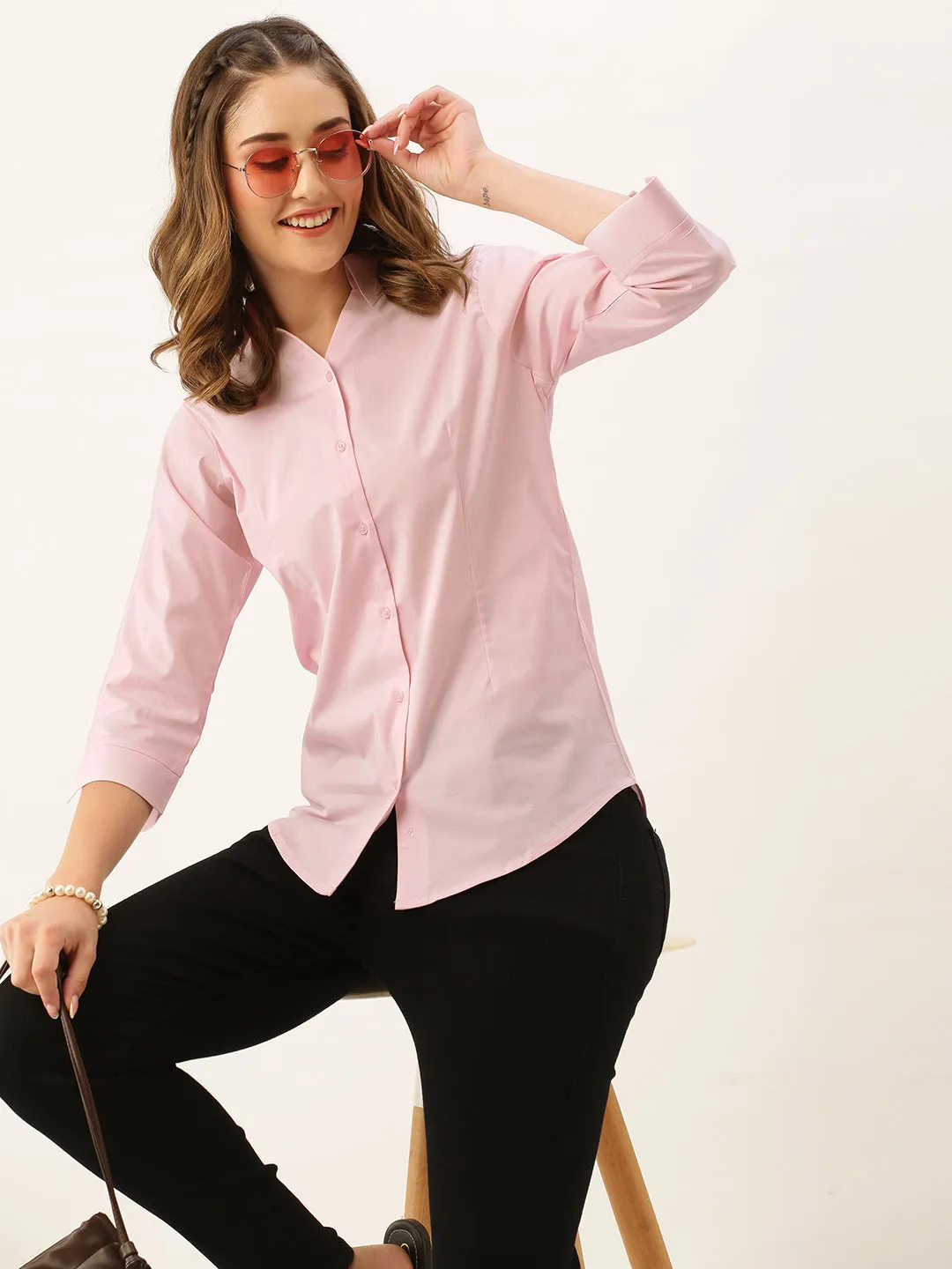 Zola Pink Cotton Shirt Collar 3/4th Sleeves Formal Wear Shirt For Women